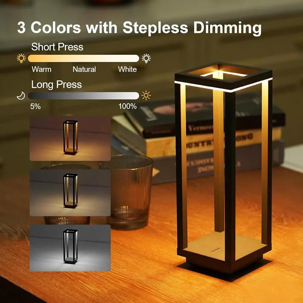 Cordless Table Lamp Rechargeable, IP55 Waterproof 3 Color Stepless Dimming